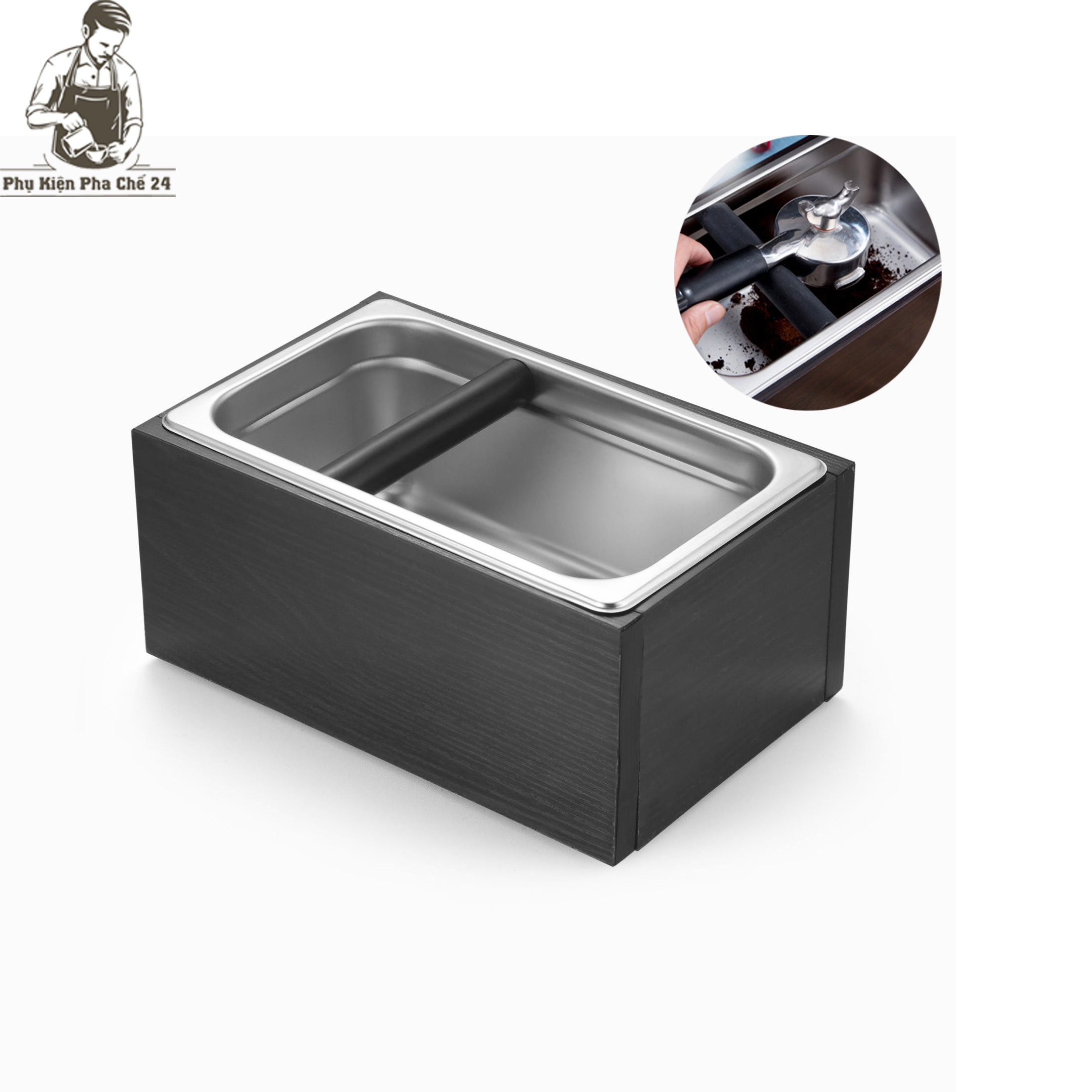 Hộp Đập Bã Cà Phê Inox Vỏ Gỗ Sồi