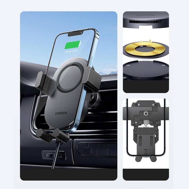 Bộ sạc nhanh không dây Ugreen kèm giá đỡ điện thoại trên ô tô 15W CD256- hàng chính hãng