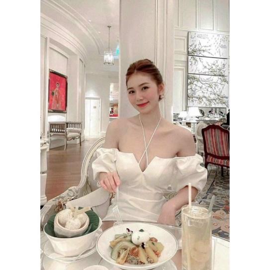 Đầm váy ôm body tafta mút ngực tay búp cột dây cổ yếm trễ vai tay con ngắn đen trắng đi biển dự tiệc dạo phố bigs