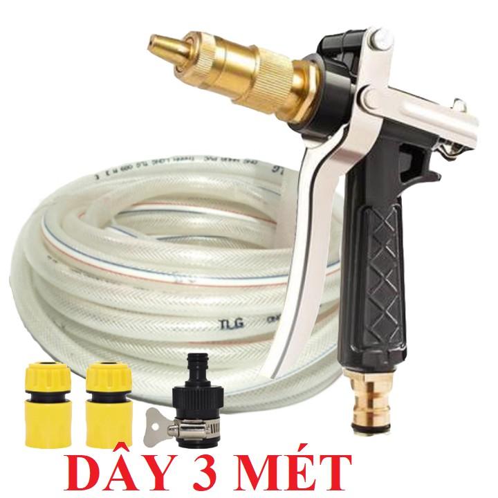 Bộ dây vòi xịt nước rửa xe, tưới cây .tăng áp 3 lần,loại 3m,5m 206236 đầu đồng,cút,nối nhựa đen tặng đai - Vòi đen, Trắng3m