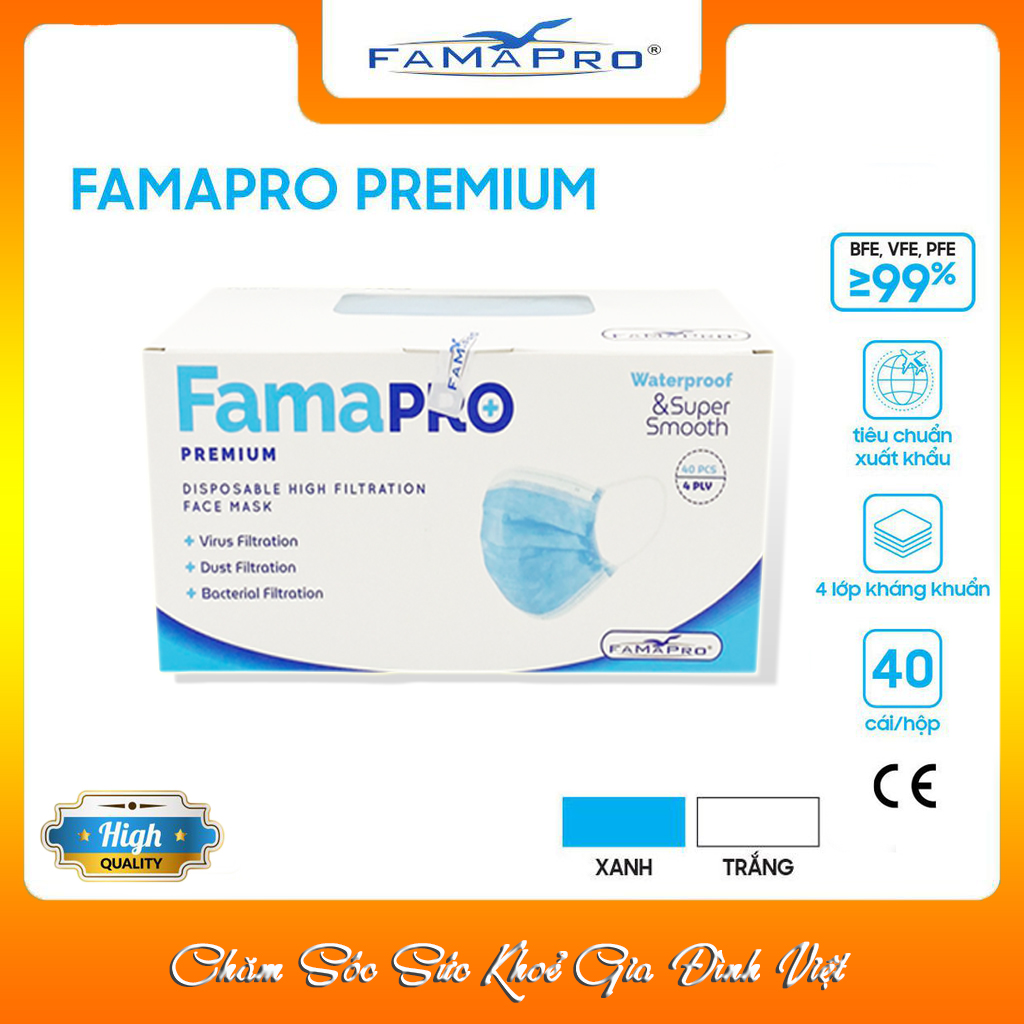 [ THÙNG-FAMAPRO REMIUM ] - Khẩu trang y tế cao cấp 4 lớp kháng khuẩn Famapro Premium - 99% Lọc Khuẩn, Bụi, Virus (40 cái/ hộp)