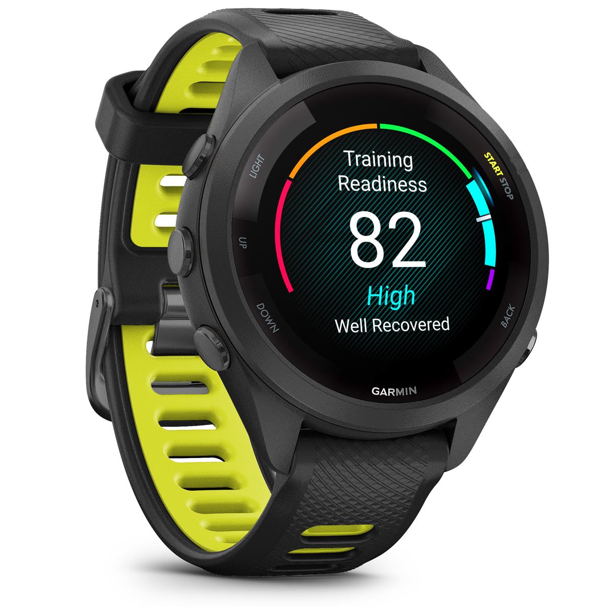 Đồng hồ Garmin Forerunner 265S_Mới, hàng chính hãng - Black Bezel and Case with Black/Amp Yellow Silicone Band