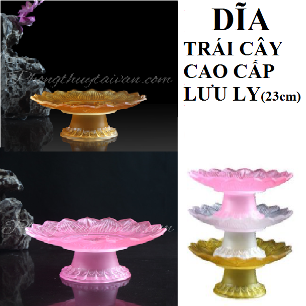 Dĩa trái cây bàn thờ LƯU LY CAO CẤP hoa sen 23cm - thờ cúng.