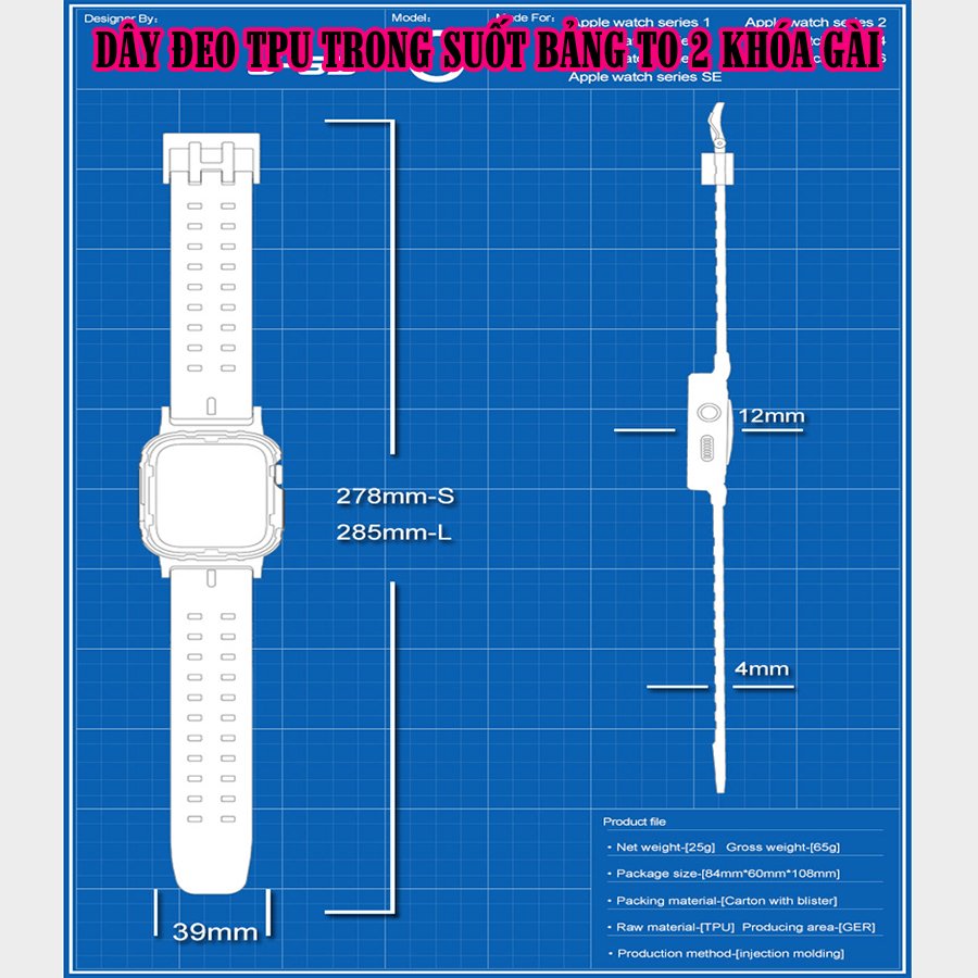Dây Đeo liền ốp cho Apple Watch size 38/40/42/44mm TPU trong suốt 2 khóa gài_Đen Trong (tặng dán KCL theo size)