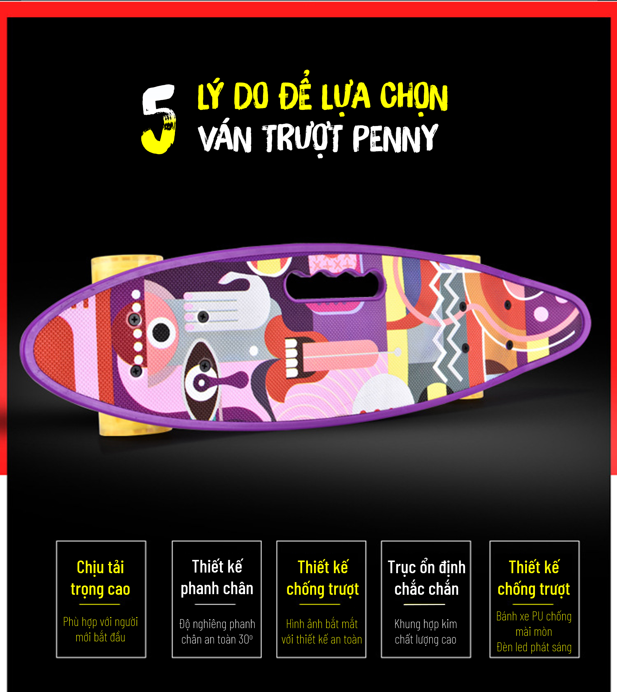 Ván Trượt Skateboard Penny - Có Tay Cầm - Trục Kim Loại To - Bánh Cao Su Có Đèn Led