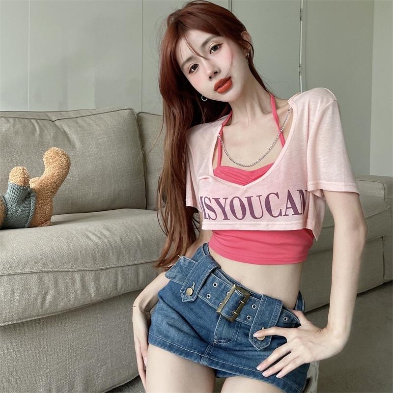 Set áo kiểu nữ áo ngoài croptop mix áo 2 dây yếm hot hit