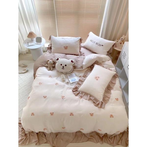 Bộ chăn ga gối tencel 100s thêu hình gấu cao cấp 5 món