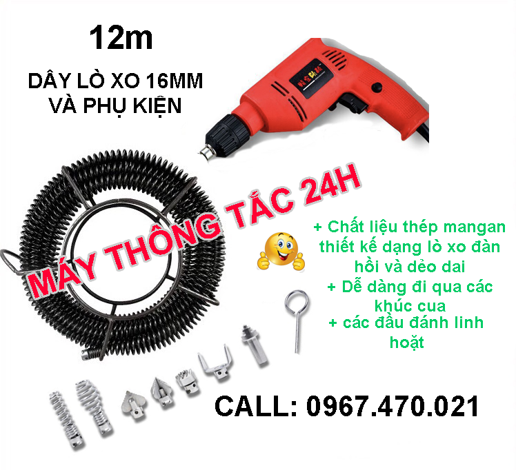 Dây thông tắc cống lò xo đa năng dùng cho máy khoan dài 12m và phụ kiện