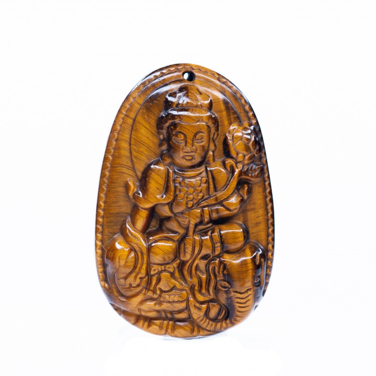 Mặt dây chuyền Phổ Hiền Bồ Tát mắt hổ vàng size lớn (4,5x3cm) - Phật bản mệnh cho người tuổi Thìn, Tỵ - Kèm sẵn dây đeo |VietGemstones