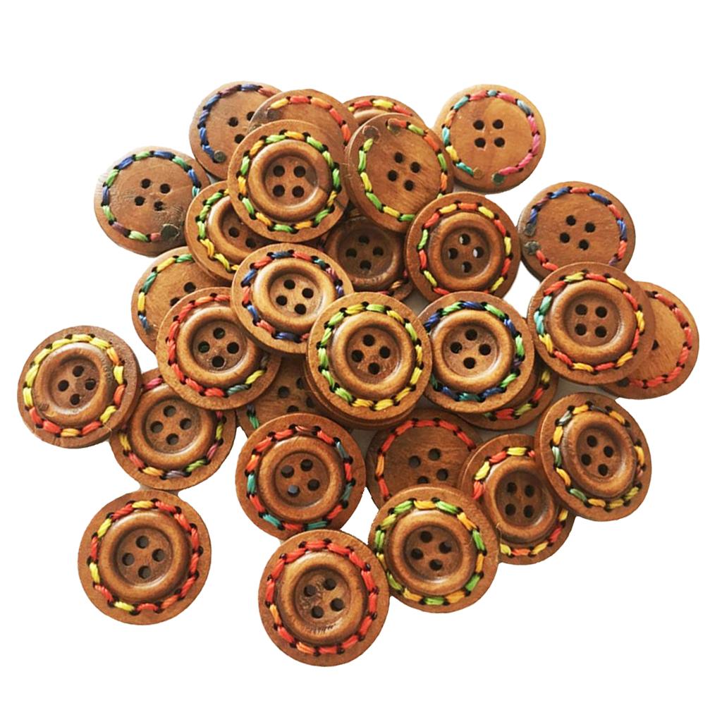 30 Chiếc Vintage Tròn Bằng Gỗ May Hàng Nút Gài 4 Lỗ Quần Áo Phụ Kiện 25 Mm