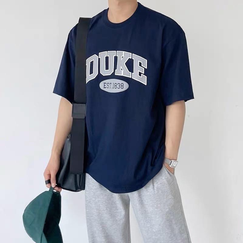 Áo thun tay lỡ màu xanh áo cotton 2 chiều dày dặn in chữ DUKE