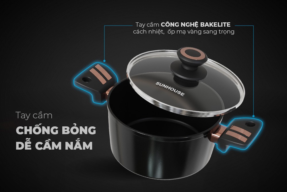 Bộ nồi chống dính ultra titanium SUNHOUSE ST2210B - Bộ 3 món Bảo hành 3 năm-Hàng chính hãng