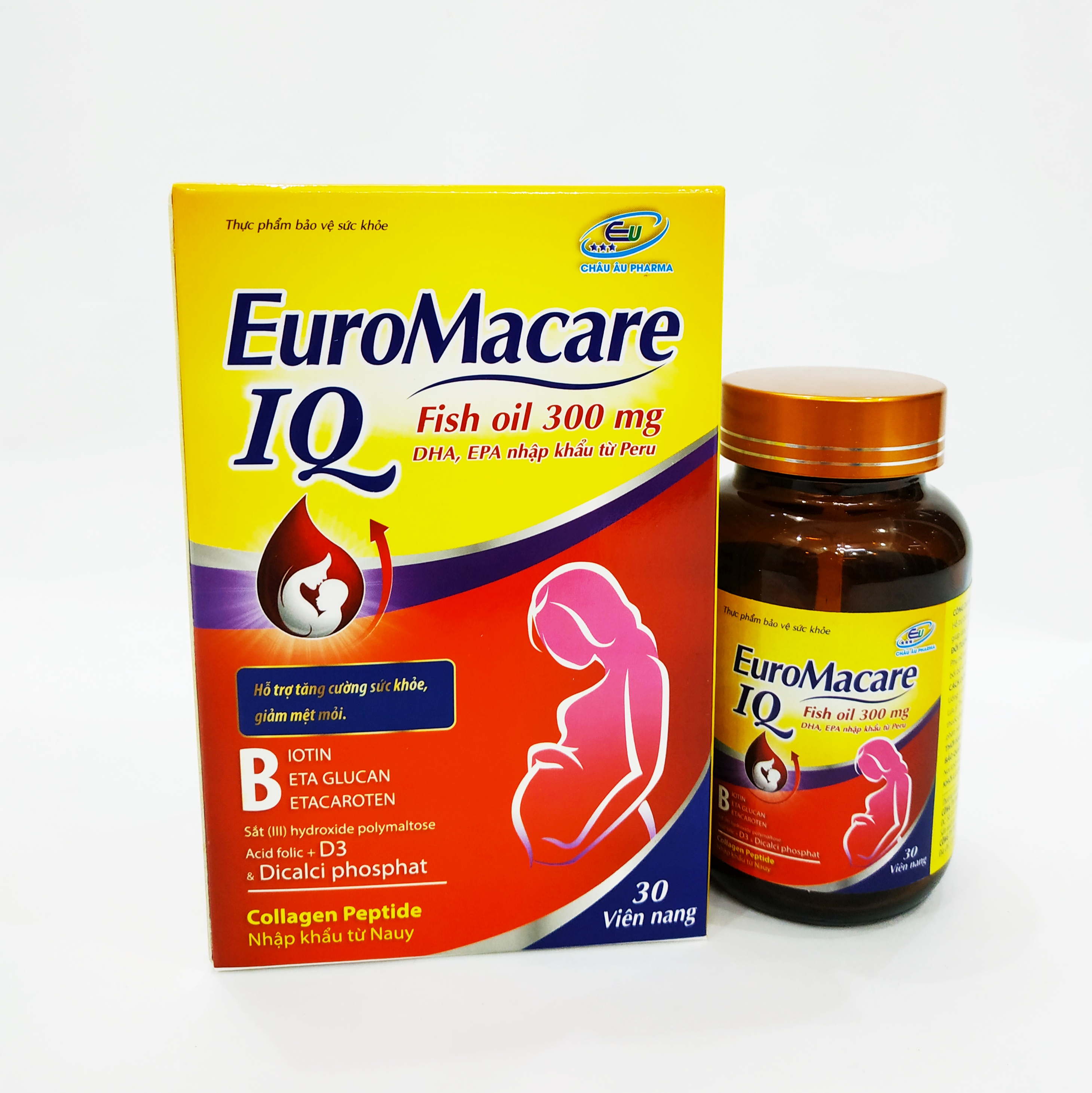 VIÊN UỐNG BỔ MÁU EUROMACARE IQ - BỔ SUNG SẮT TỔNG HỢP, DẦU CÁ, CÁC VITAMIN, EPA, DHA CHO PHỤ NỮ CÓ THAI VÀ CHO CON BÚ - GIẢM NGUY CƠ SẨY THAI , TIỀN SẢN GIẬT - KHỎI LO ỐM NGHÉN - MỖI NGÀY 1 VIÊN - LỌ 30 VIÊN