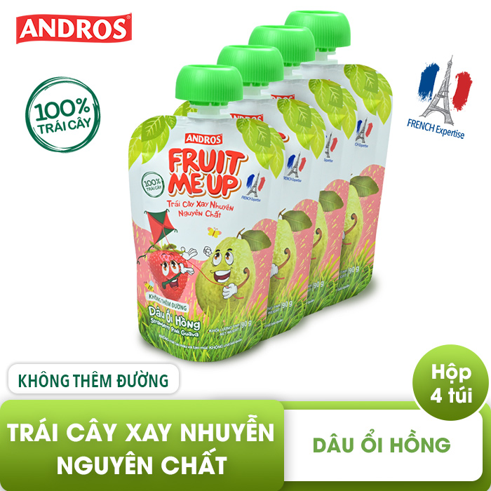 Trái Cây Xay Nhuyễn Nguyên Chất Andros Fruit Me Up  - Dâu Ổi Hồng - Hộp 4 Túi (90g x 4)