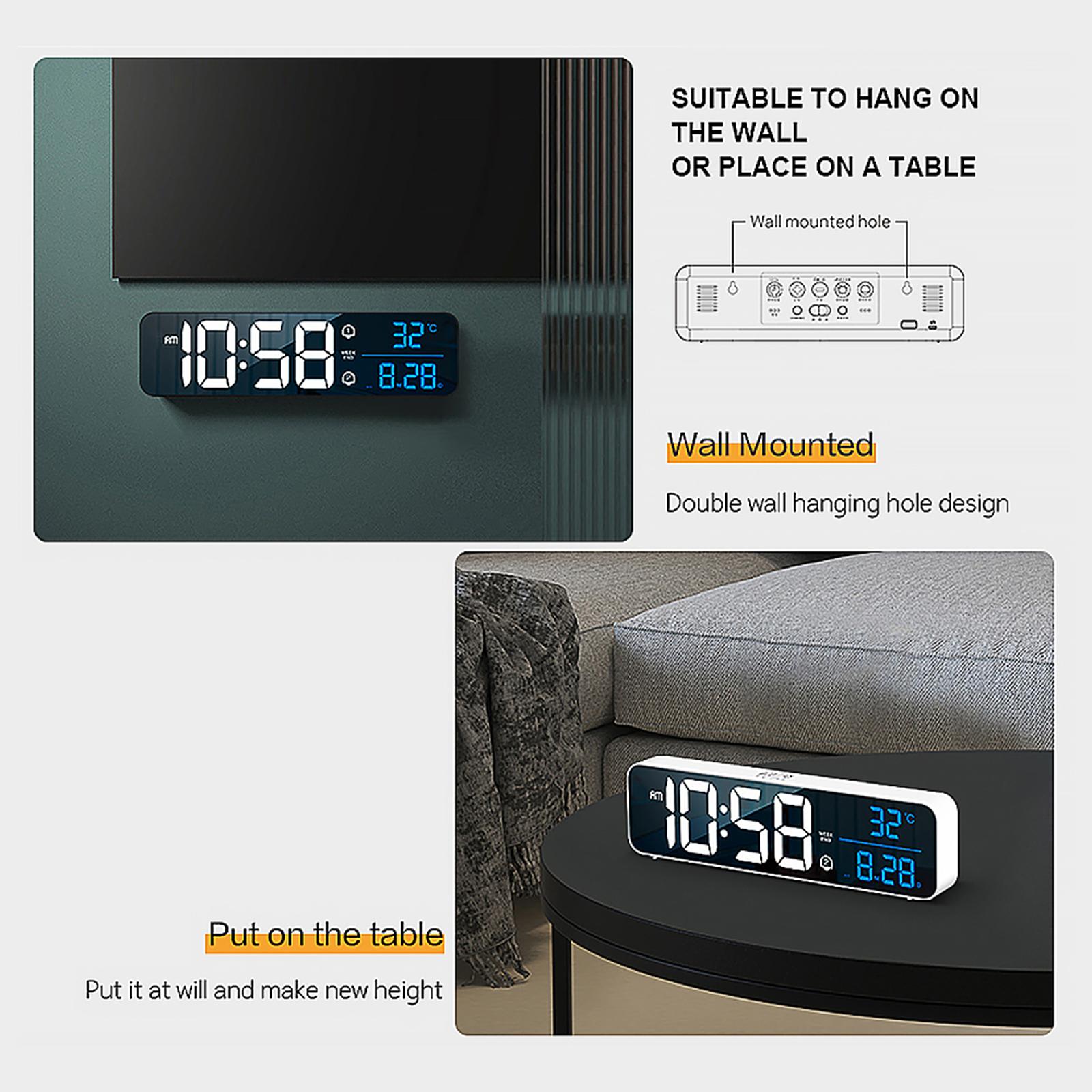 Living Room Mirror Large Digital Alarm Clock LED with Temperature 40 Music 4 Volume, Wall Clock