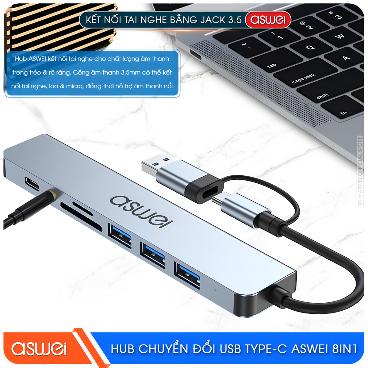 Hub Chuyển Đổi USB Type C ASWEI 8 in 1 - USB 3.0, SD, TF, USB C, Audio 3.5 Tốc Độ Cao - Hàng Chính Hãng