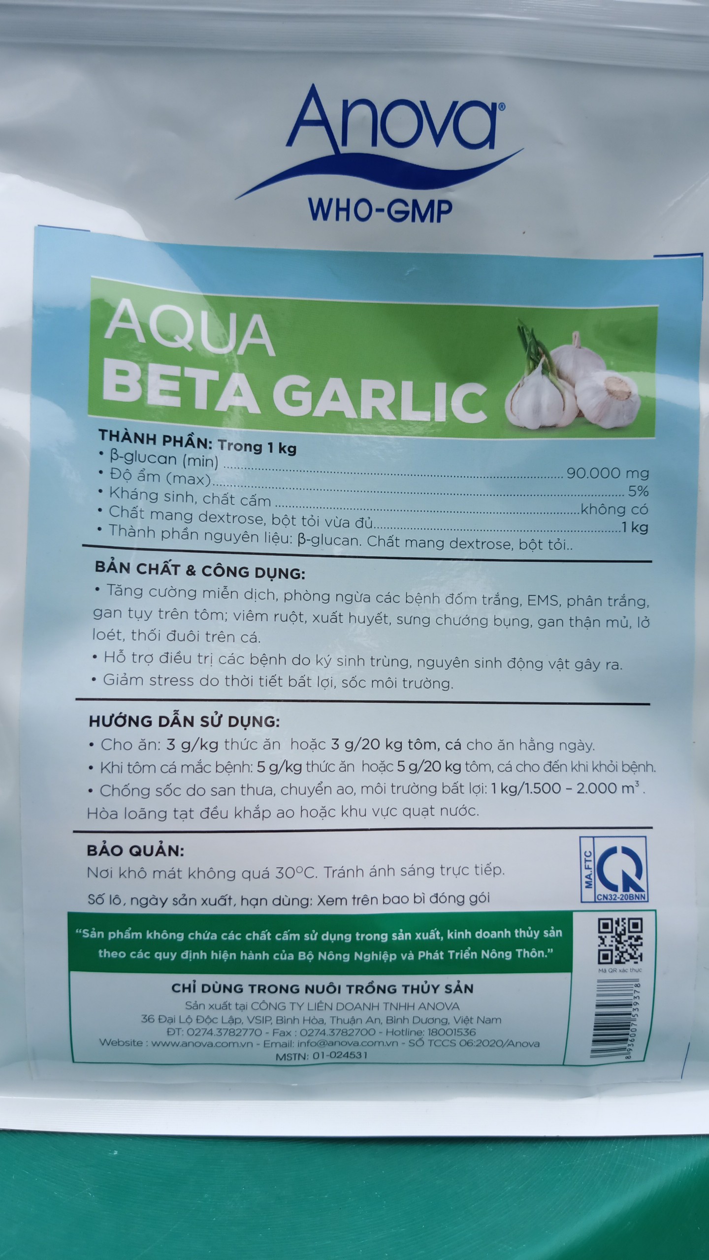 Aqua Beta Garlic tăng cường miễn dịch, phòng ngừa các bệnh đốm trắng, EMS, phân trắng, gan tụy trên tôm; viêm ruột, xuất huyết, sưng chướng bụng, gan thận mủ, lở loét, thối đuôi trên cá, tôm