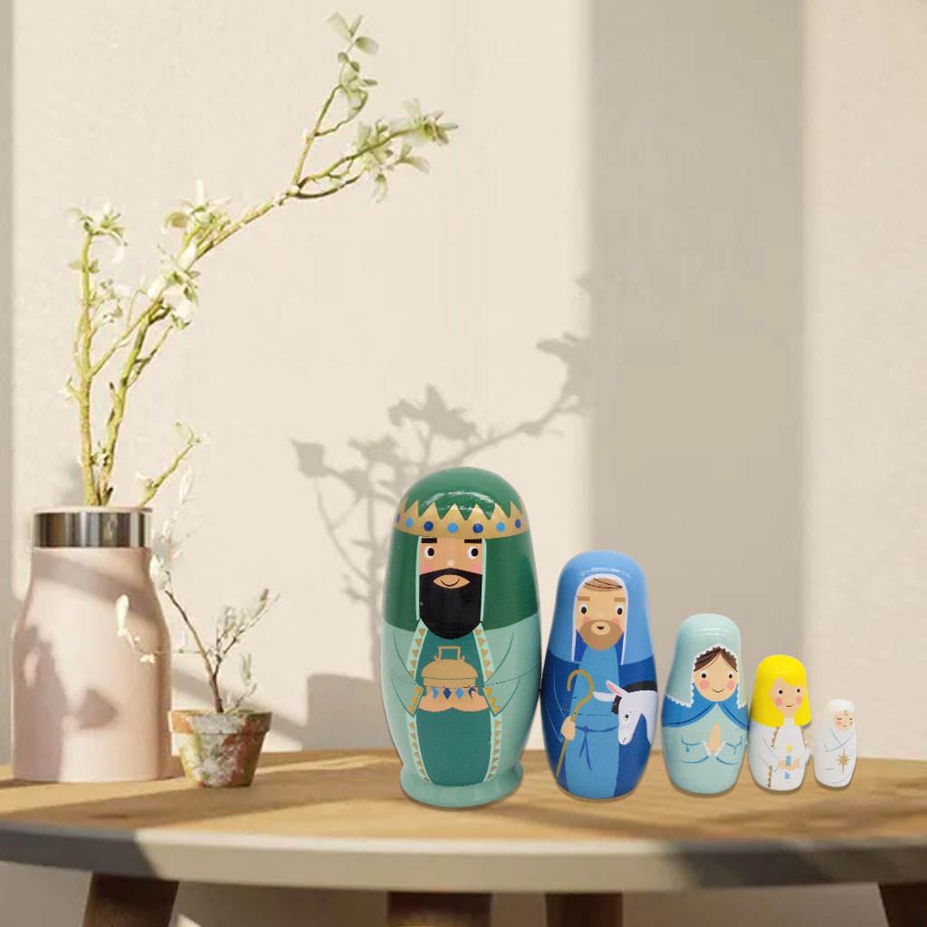 Set of 5 Cartoon Matryoshka Wooden Russian Nesting Dolls Handmade Home Decor