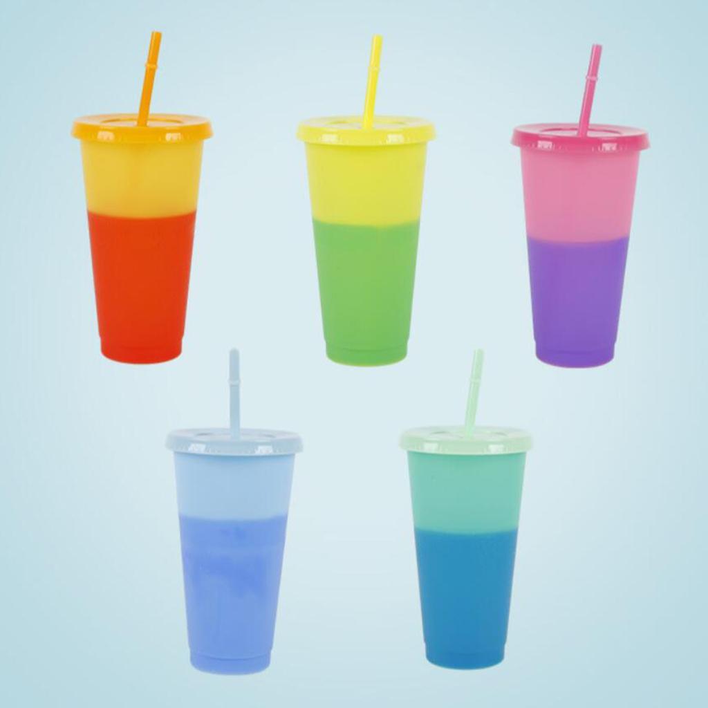 3X 5 Pack 720ml Color Changing Cups Plastic Cold Beverage Cups Mugs with Lids