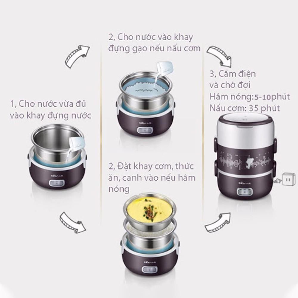 Hộp cơm cắm điện 3 tầng nấu cơm và hâm nóng thức ăn tiện lợi, hộp cơm cắm điện văn phòng ruột inox 304 cao cấp