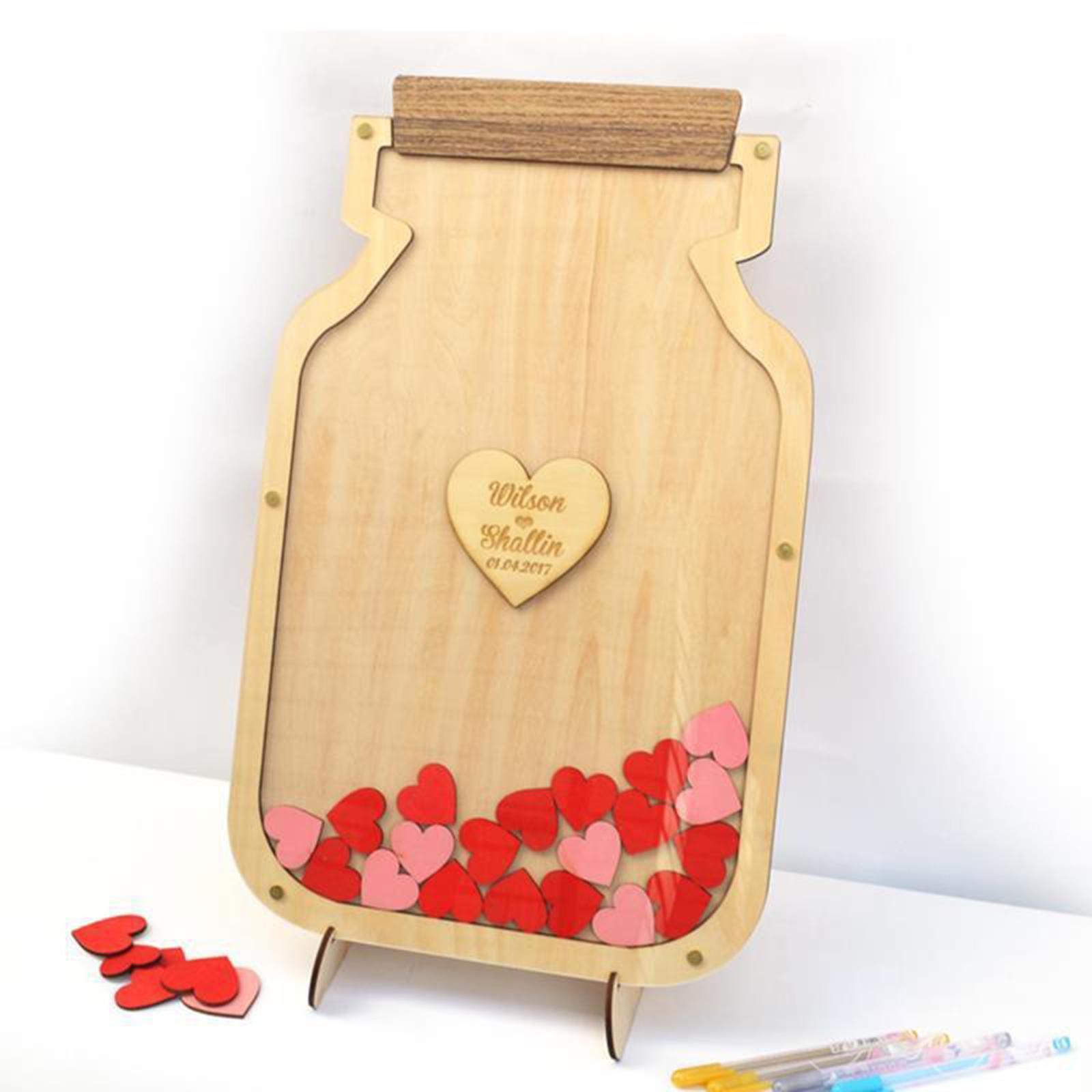 Wedding Reception Guest Book with 50Pcs Red Wood Hearts for Holiday Events