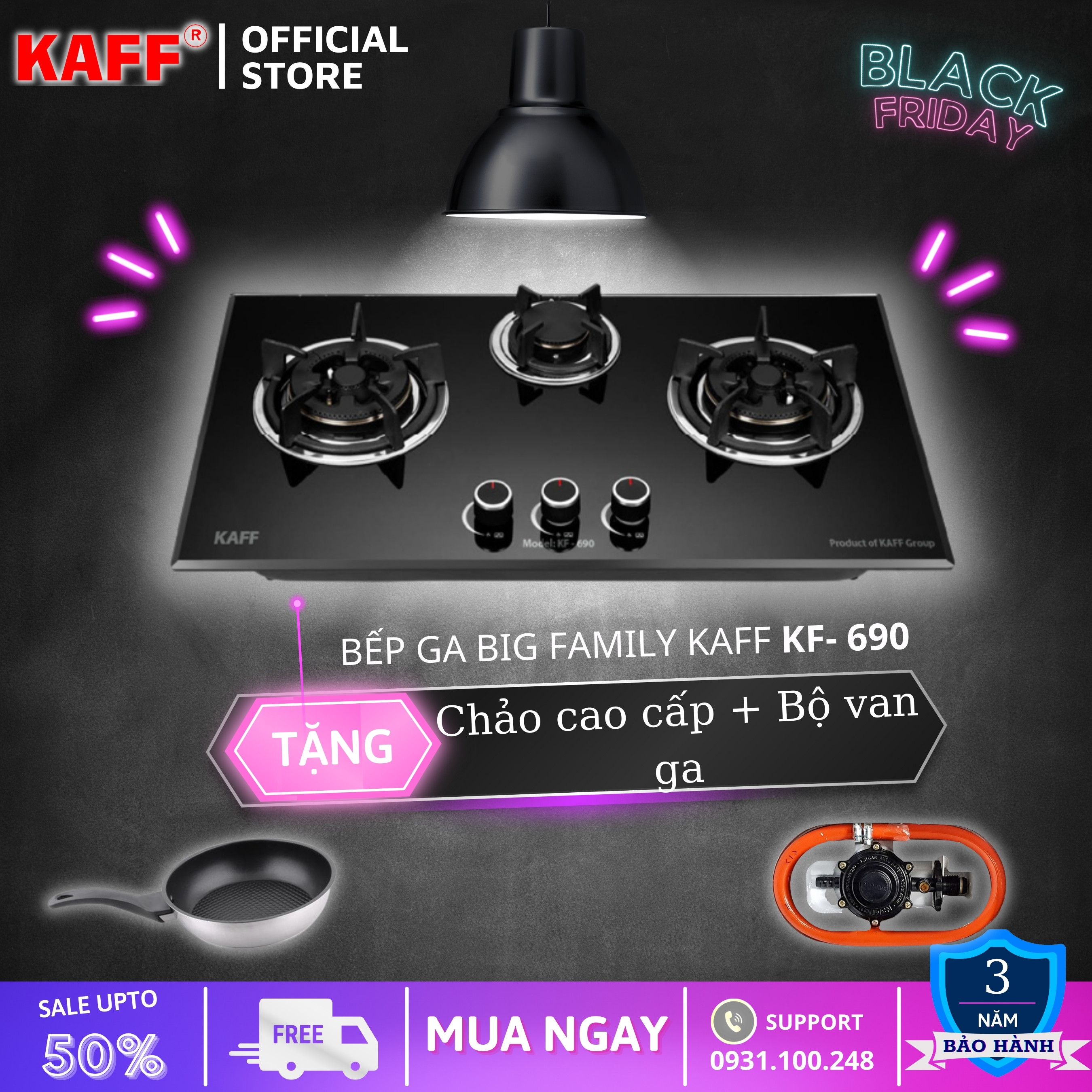 Bộ Bếp ga âm 3 lò KAFF KF- 690 bao gồm: Bếp ga + chảo chống dính cao cấp + bộ van ga - Hàng chính hãng