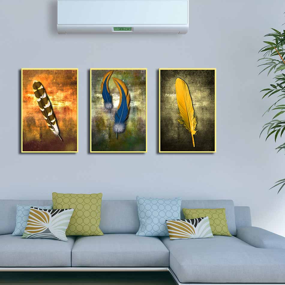Bộ 3 tranh canvas treo tường Decor Họa tiết lông vũ cách điệu, phong cách hiện đại - DC140