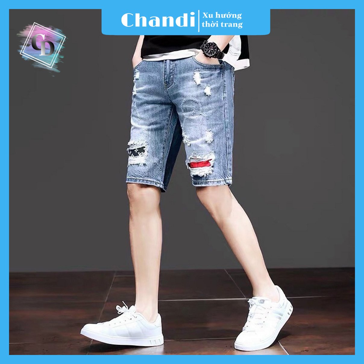 Quần Short Jean Nam co dãn kiểu dáng trẻ trung đơn giản thêu họa tiết Thương Hiệu Chandi, quần sọt mẫu hot nhất 2021 HD223