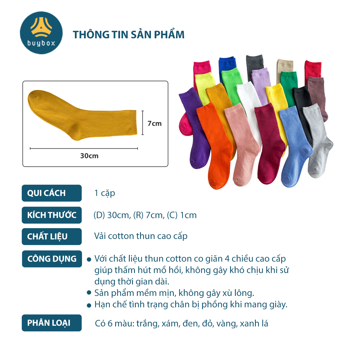 Vớ cotton pha PE vải gân xuân thu cổ cao màu sắc trẻ trung - Buybox - BBPK246