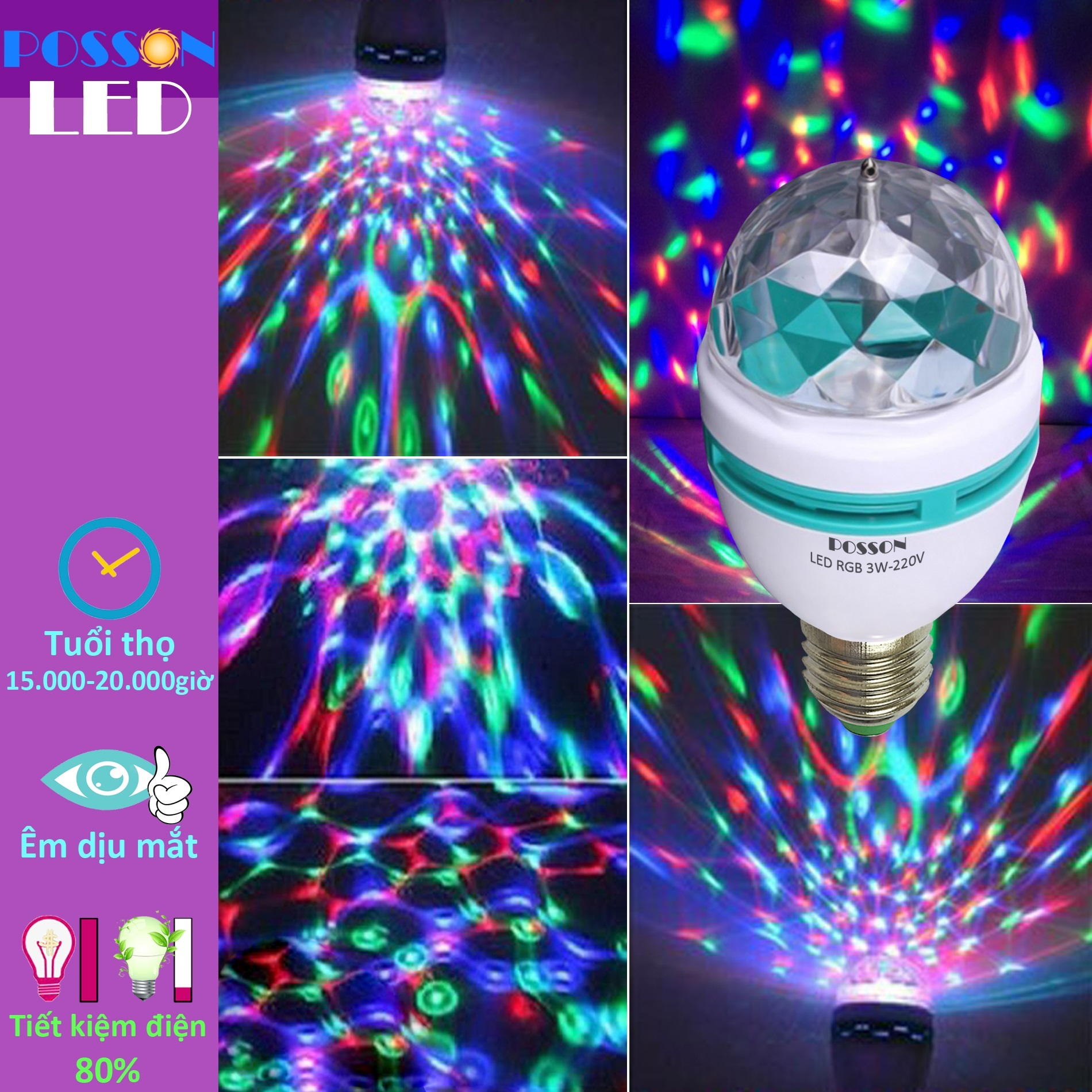 Đèn Led sân khấu vũ trường karaoke nhiều màu RGB 3w cầu pha lê xoay tròn trang trí Posson LR-3RGB