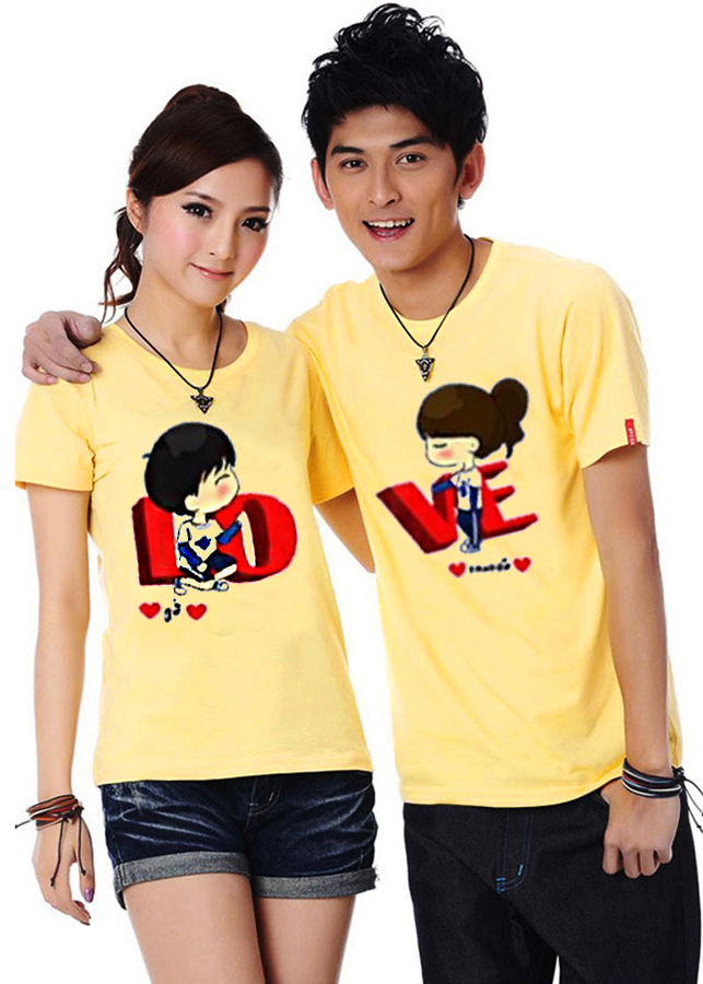Bộ Áo Thun Đôi Nam Nữ Love Màu Vàng