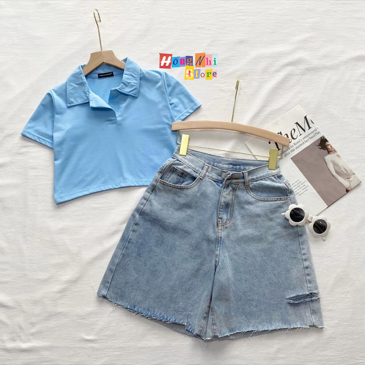 Quần Short Jean Ngố Đùi Rách Gối Tưa Lai Cạp Cao Ống Rộng Ulzzang - MM