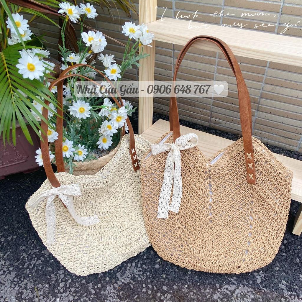 Túi cói tròn dây da form to mix nơ ren phải nói xinh xỉu luôn í