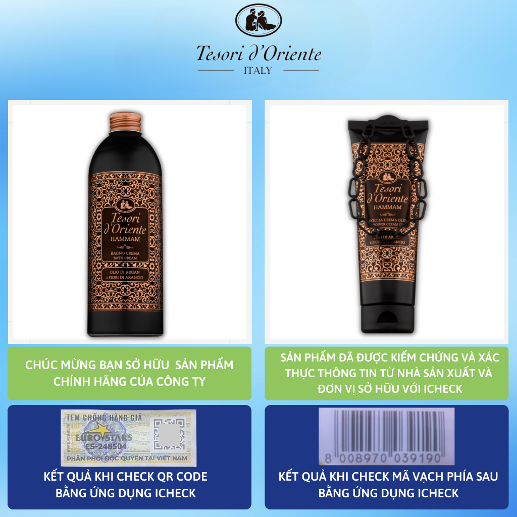 Sữa Tắm Tesori D'Oriente HAMMAM Tinh Dầu Argan Chính Hãng ( Tuýp 250ml - Chai 500ml kèm vòi nhập khẩu trực tiếp từ Ý )