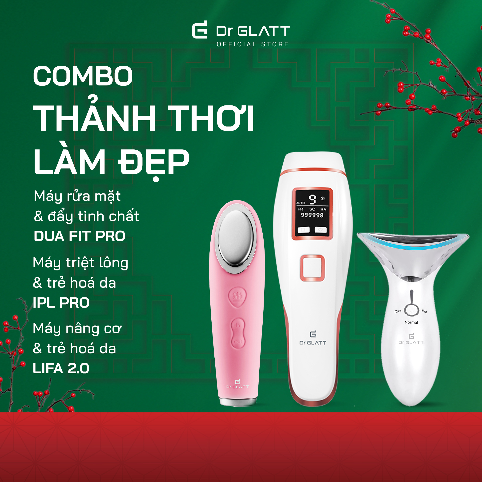 Set máy dưỡng da đa năng - máy triệt lông mini &amp; trị mụn, máy rửa mặt &amp; tẩy trang, máy massage mặt &amp; nâng cơ DR GLATT