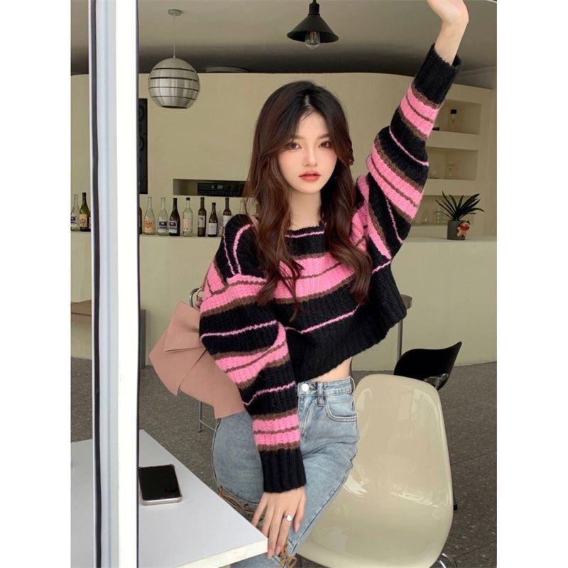 ÁO LEN CROTOP SỌC HỒNG ĐEN ULLAZANG