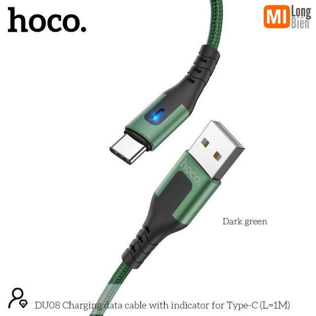 Cáp sạc Hoco DU08/DU08 Plus Type-C USB, hỗ trợ sạc nhanh 2.4A, dây bọc dù chống đứt, gập, có đèn LED báo sạc dài 1m/2m