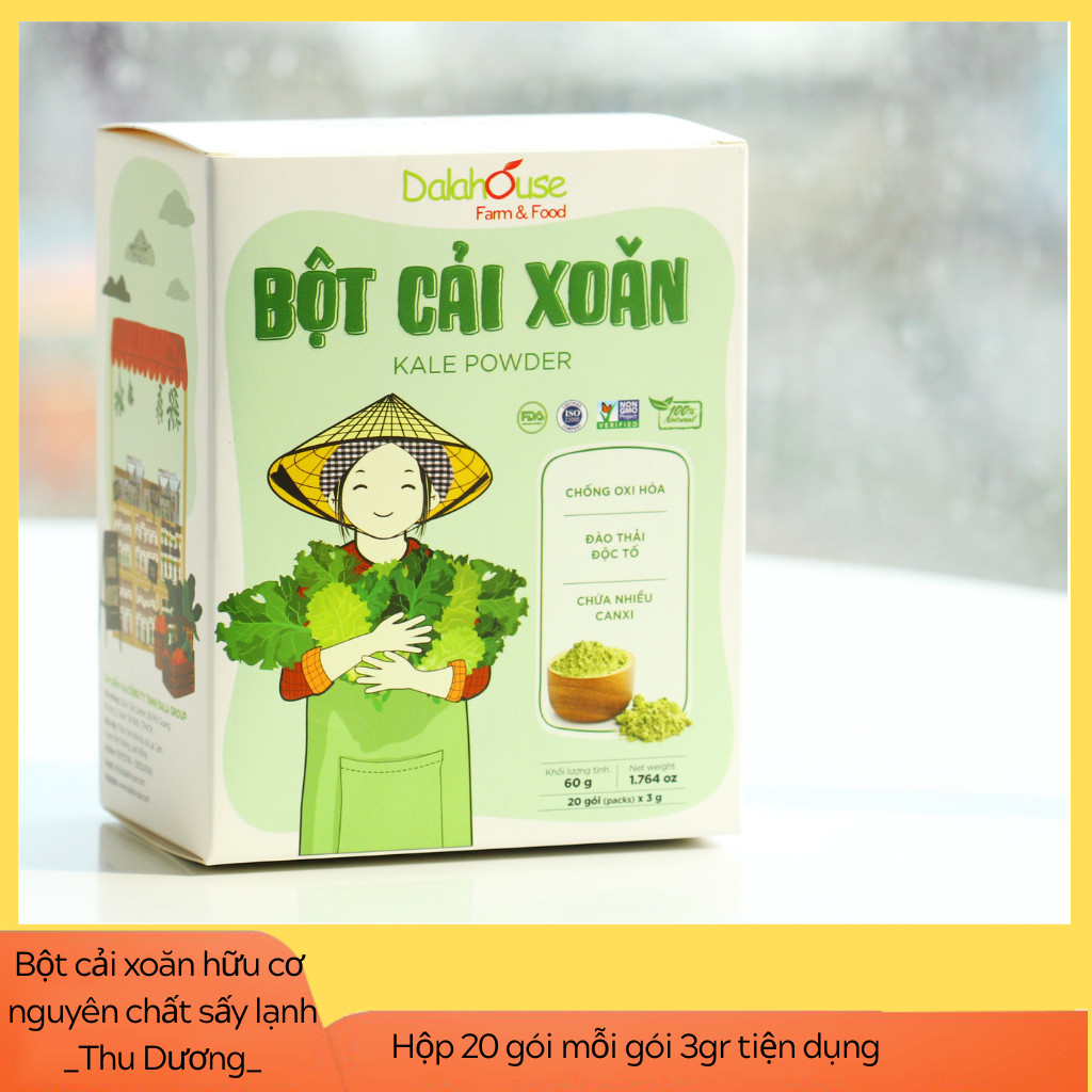 Bột cải xoăn hữu cơ sấy lạnh Dalahouse - Hộp 20 gói 3gr tiện lợi - Đào thải độc tố, chống ô xy hóa, bổ sung can xi hữu cơ cho cơ thể