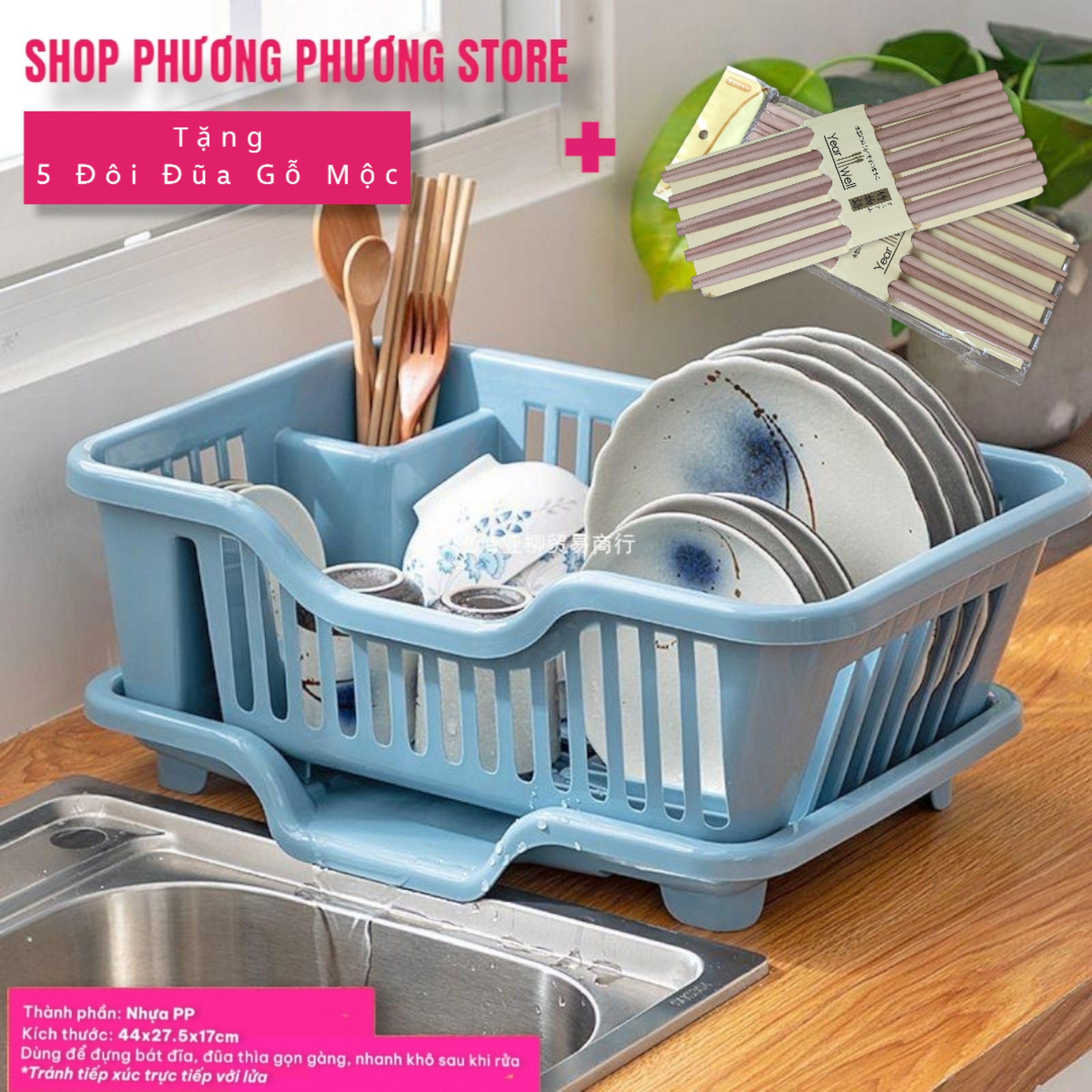 Rổ Úp Bát - Kệ Bếp Khay Đựng Chén Bát, Đĩa, Thìa, Đũa Có Khay Thoát Nước Tiện Lợi - Hàng Loại 1 - Chình Hãng HOKORI ( Tặng Sét 5 Đôi Đũa Gỗ Mộc }