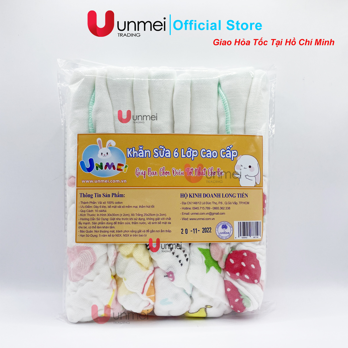 Set 10 Khăn Xô, Khăn Sữa UNMEI Dày 6 Lớp 100% Cotton An Toàn, Thấm Hút Tốt, Tiện Lợi Cho Trẻ Từ Sơ Sinh (5 Khăn Xô Trắng KT25x25cm, 5 Khăn Xô Nhăn Hình 30x30cm)