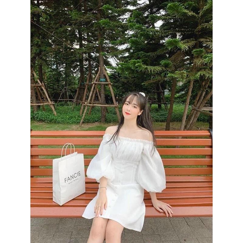Váy trắng, váy babydoll trễ vai tiểu thư tay bồng hở lưng, mặc đi biển, đi chơi, đầm dự tiệc sang trọng siêu xinh,VAY003