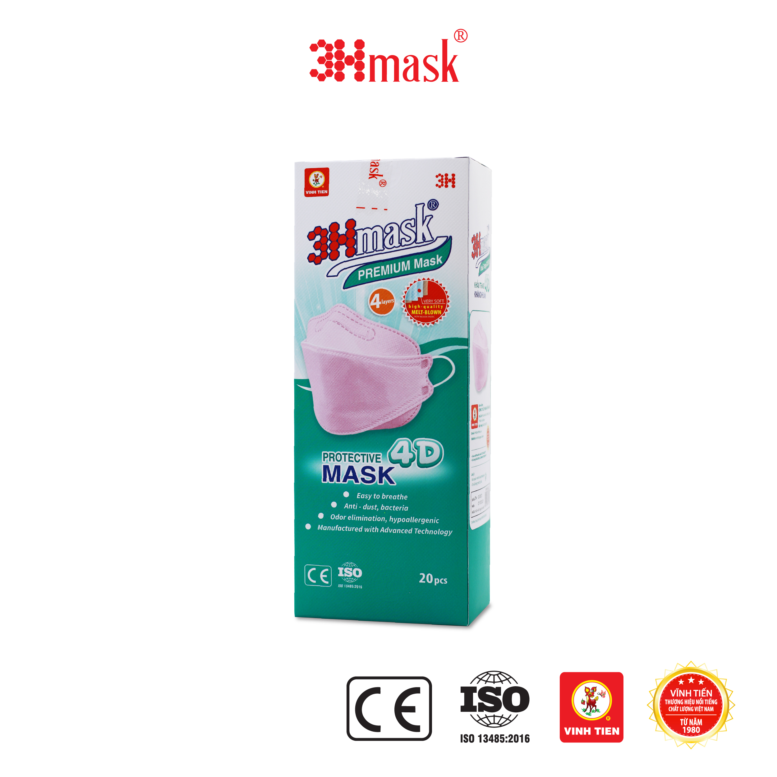 Khẩu Trang 3Hmask 4D Quai Tròn Hồng (20 cái) - Kháng Khuẩn Cao Cấp ôm khít mặt, không lem son