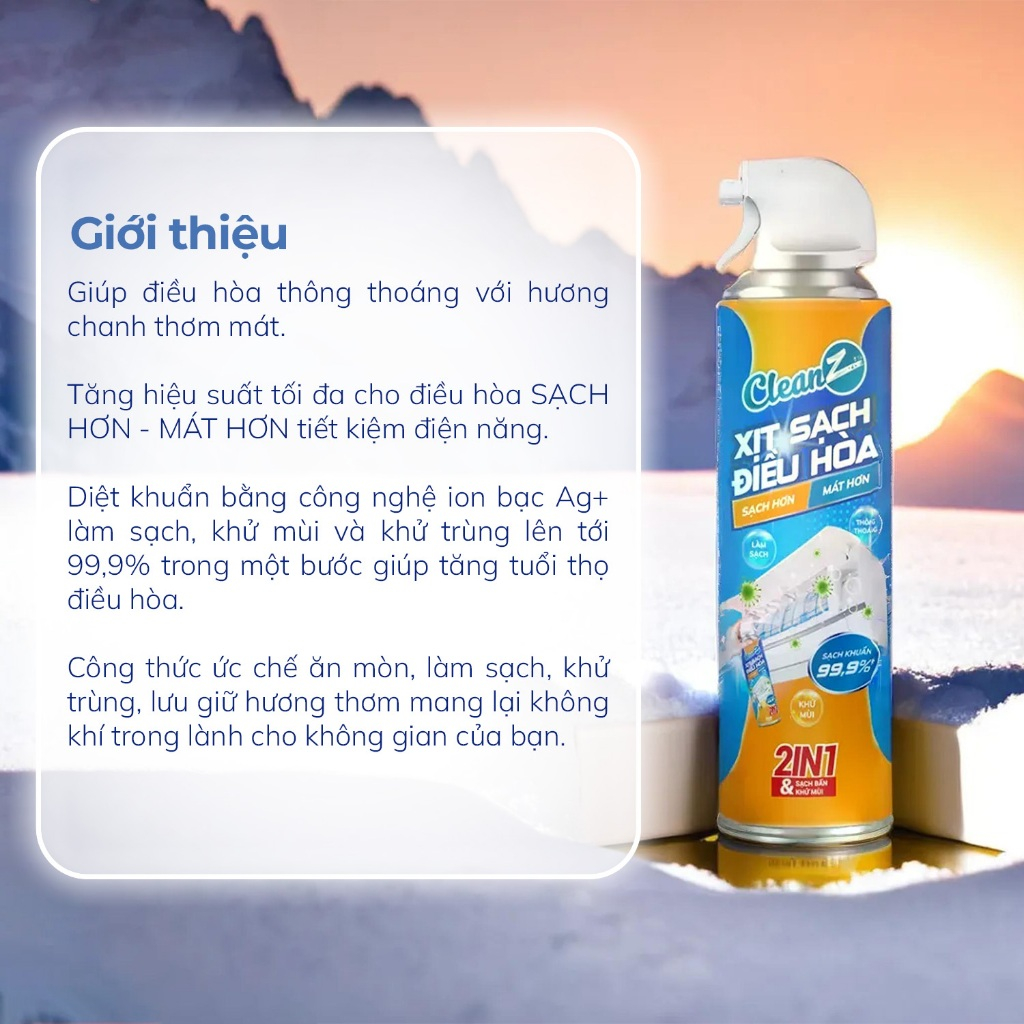 Chai xịt vệ sinh điều hòa Cleanz làm sạch diệt khuẩn bằng công nghệ ion bạc Ag+ -500ml- Hàng chính hãng