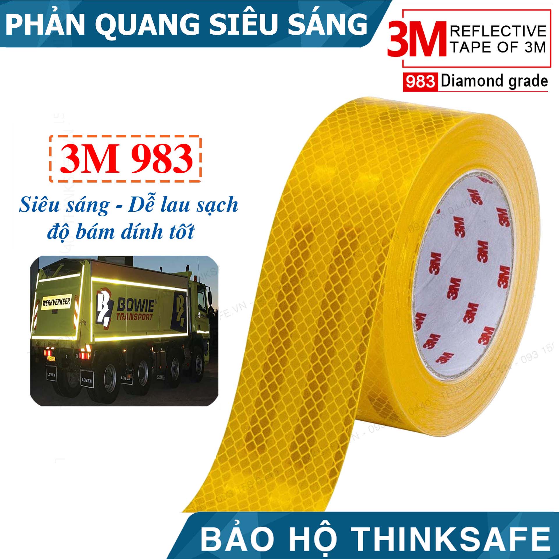 Băng keo phản quang 3M 983 phản quang theo cấu trúc kim cương, bền màu chuyên dùng phản quang xe máy, ôtô nhà xưởng (màu vàng)