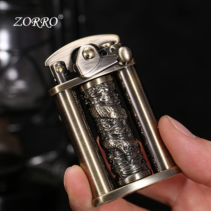 Bật lửa hột quẹt xăng đá cổ búng lửa đánh tay hình trụ rồng xoay Z629 Fullbox - xài xăng