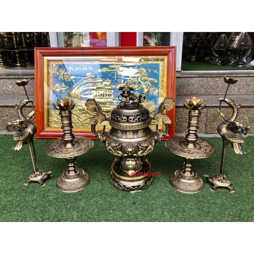 Bộ đỉnh ngũ sự song long rồng phượng bằng đồng cao 60cm