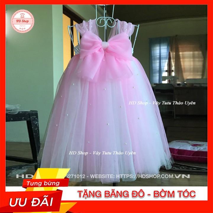 Đầm cho bé ️️ Đầm công chúa hồng phấn phối trắng nơ đính đá cho bé
