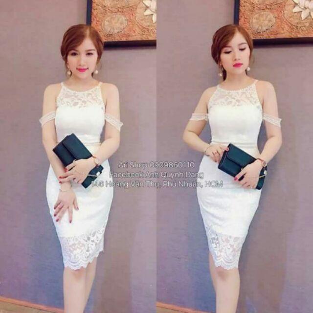 Đầm body phối lưới trắng 2 dây