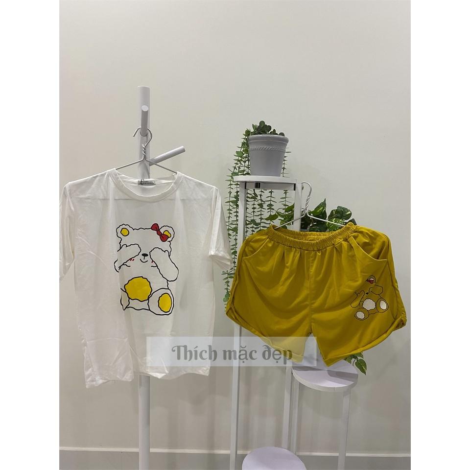 Đồ bộ nữ thun cotton style hàn quốc form rộng tay ngắn quần đùi in chú gấu cute xinh 04 màu xanh đen tím vàng