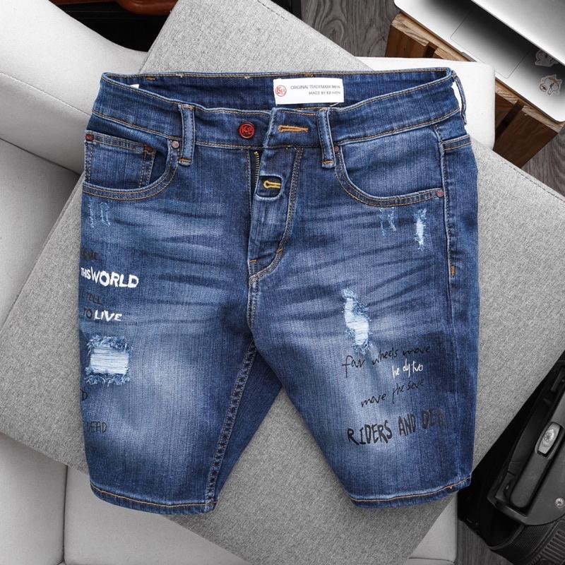 Quần short jean nam có big size 100kg màu xanh đậm co giãn xuất dư